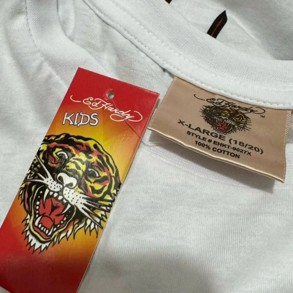 NWT ED HARDY White Black PantherShort Sleeve T SHIRT KIDS XLarge Back Design Too